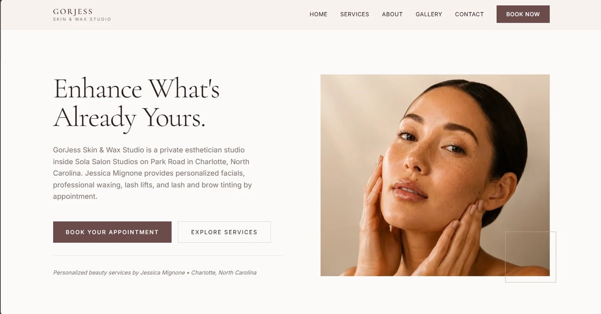 GorJess Skin & Wax Studio desktop homepage showing the Enhance What's Already Yours headline and Book Your Appointment call to action.