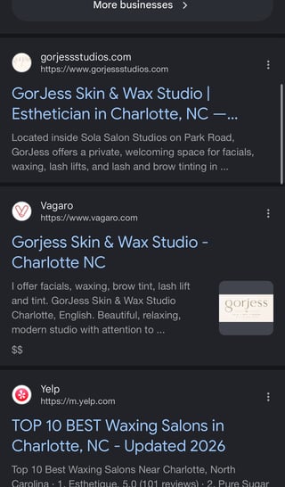 Google search results for GorJess Skin & Wax Studio, a skincare, waxing, and eyebrow studio in Charlotte, North Carolina