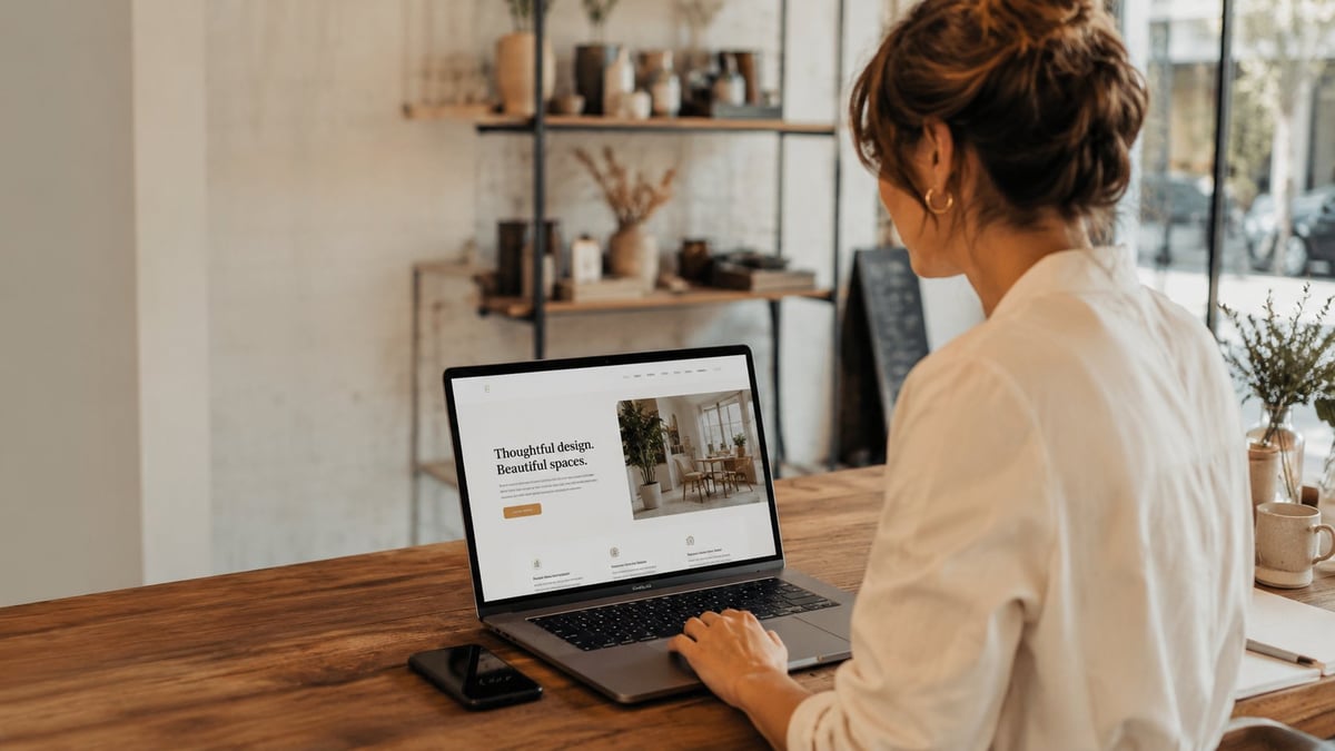 Woman working on laptop at wooden desk in bright modern office with shelving and plants visible behind her