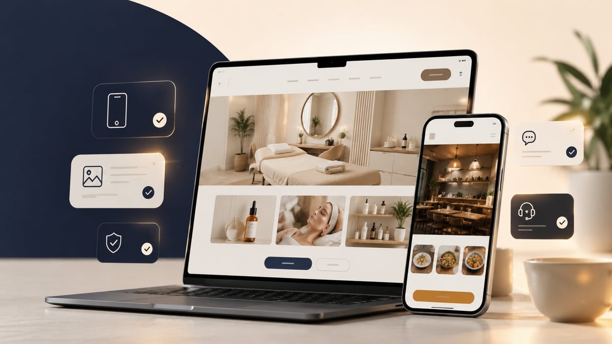 Laptop and smartphone displaying interior design website with home decor products and mood board on screen
