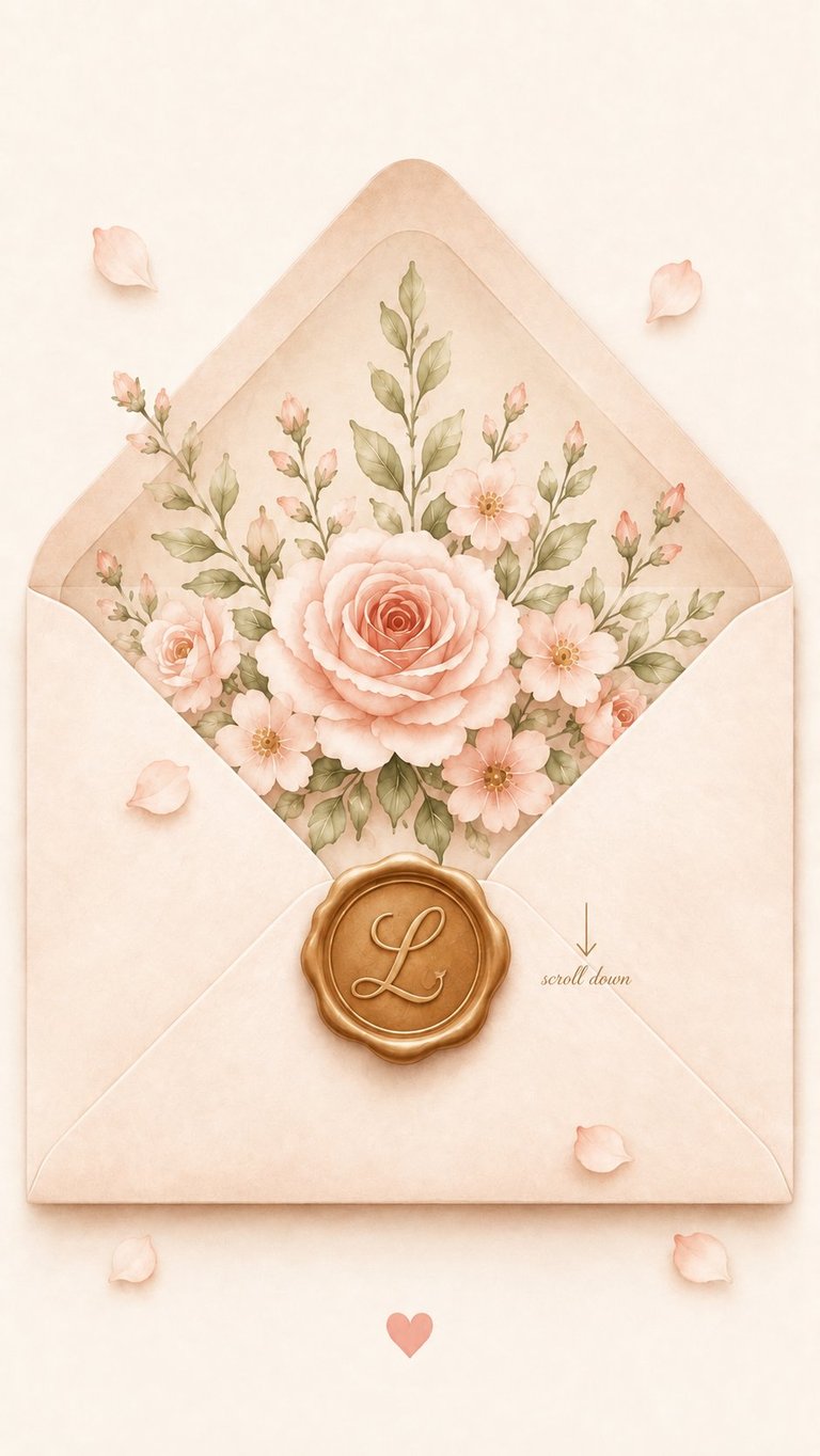 Elegant cream envelope with floral liner, gold wax seal, and scattered rose petals on beige background