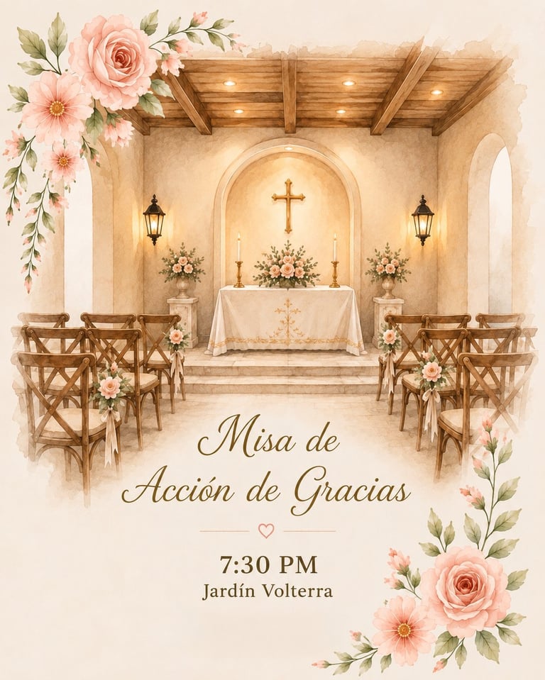 Interior de iglesia elegante decorada con rosas rosa y follaje verde para la Misa de Acción de Gracias a las 7:30 PM en Jardín Volterra