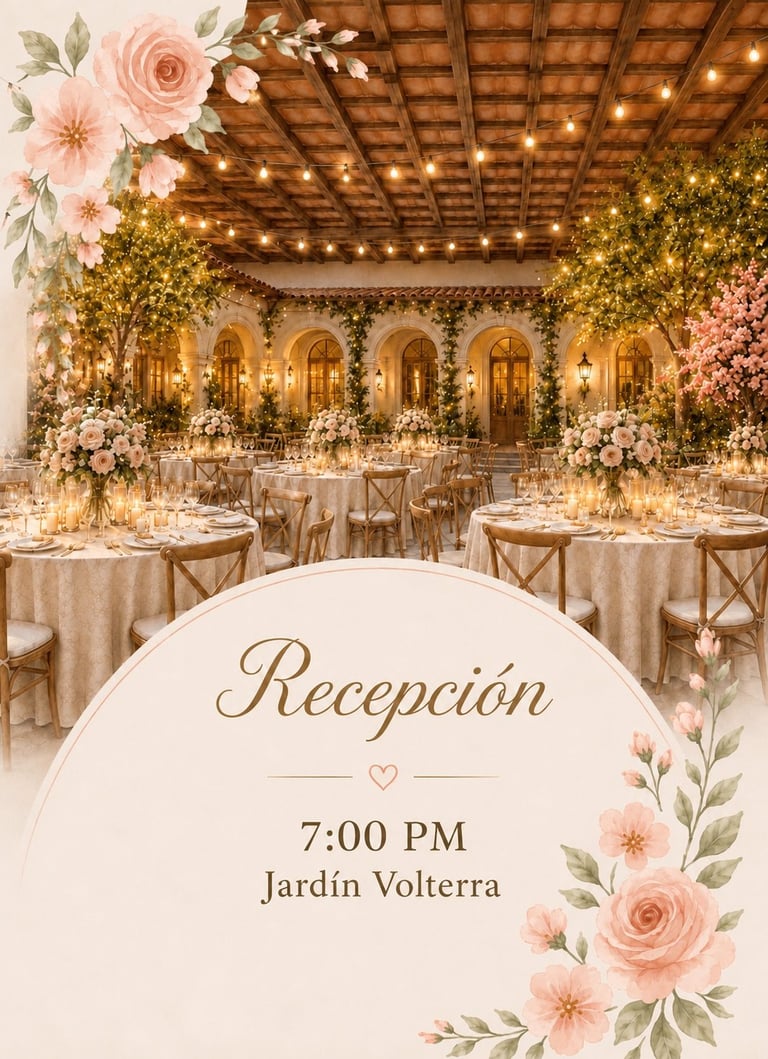 Invitación de recepción a las 7:00 PM en Jardín Volterra, con salón elegante decorado con mesas redondas, flores rosa y luces cálidas