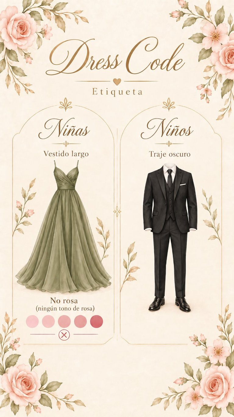 Elegant dress code etiquette guide showing sage green gown for girls and black suit for boys with floral rose decorations