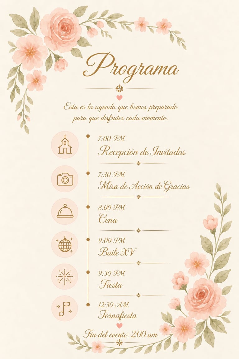 Programa de los XV años de Lauren con flores en acuarela rosa y dorado: recepción 7:00 PM, misa 7:30 PM, cena 8:00 PM, baile XV 9:00 PM, fiesta 9:30 PM y torna fiesta 12:30 AM, fin a las 2:00 am