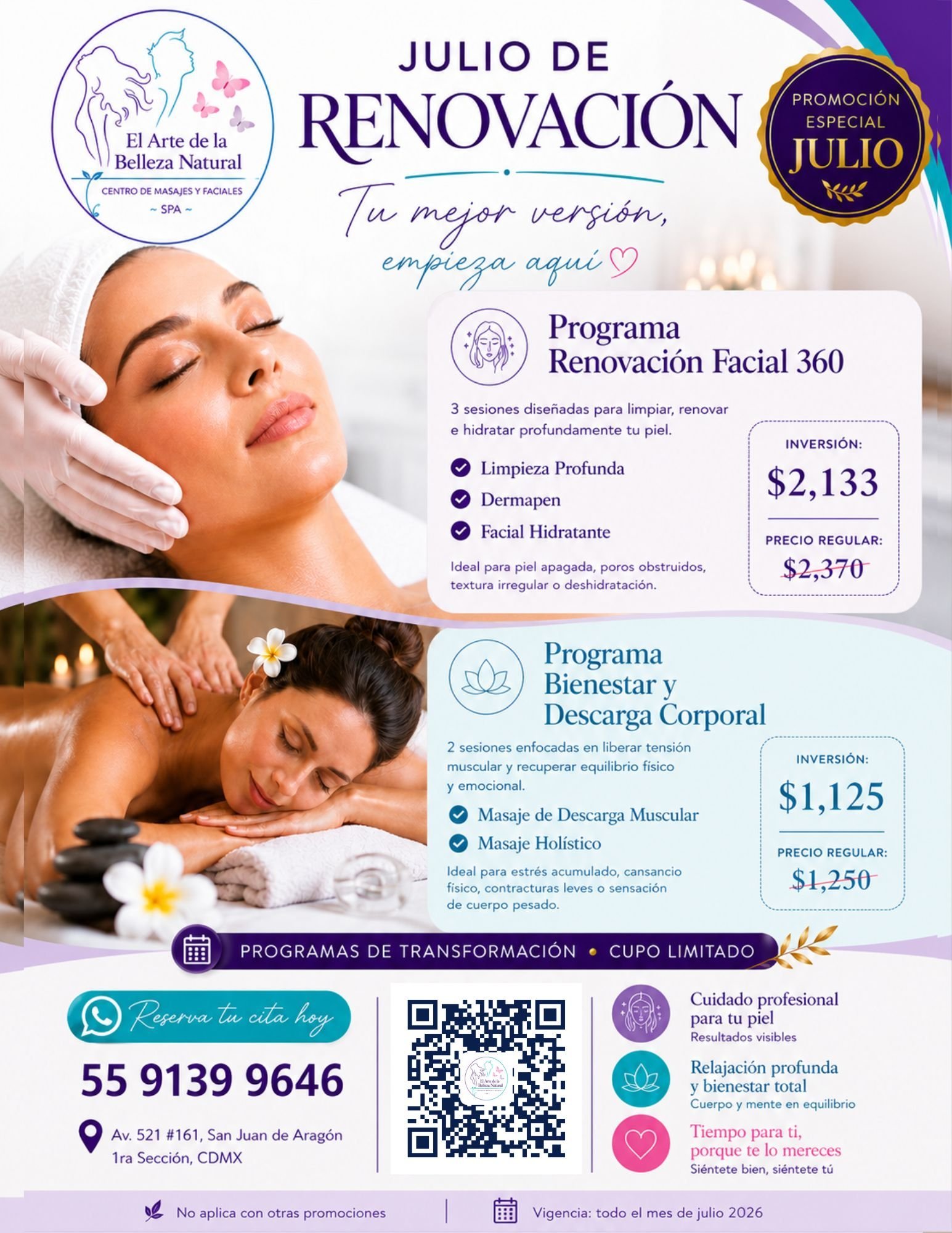 July Renovation promotion poster for natural beauty spa treatments including facial and massage programs with pricing and contact information