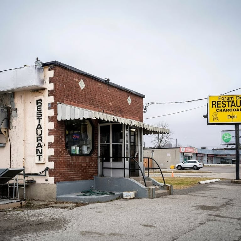 Small brick restaurant building with striped awning and neon sign on a rural roadside with utility lines and other commercial buildings visible