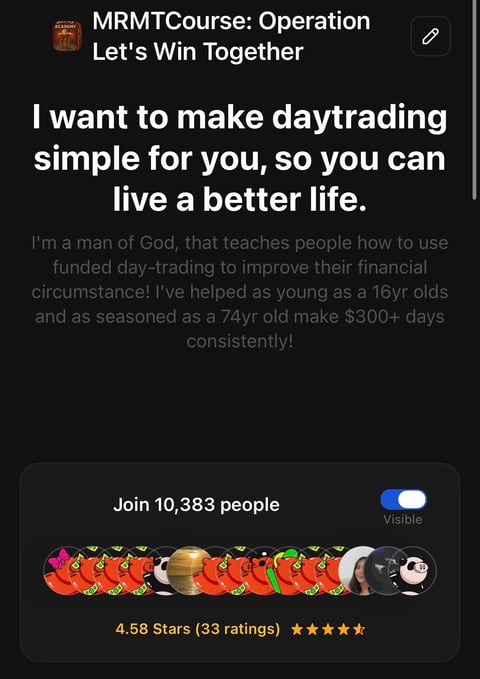 MRMTCourse Operation Lets Win Together day trading course promotion with 10,383 members and 4.58 star rating