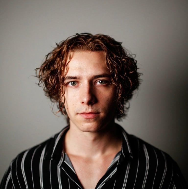 Portrait of a person with curly reddish-brown hair wearing a black pinstriped shirt against a neutral gray background