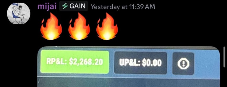 Trading app showing three flame emojis above profit display reading RP&L: $2,268.20 and UP&L: $0.00