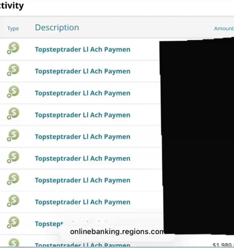 Screenshot of online banking activity showing multiple TopstepTrader LLC Ach Payment transactions with associated icons and amounts column