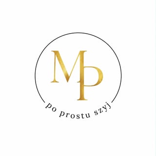 Gold Mp logo with Polish text Po prostu szyj in a circular black outline on white background