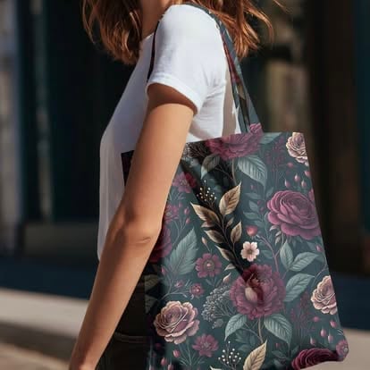 Woman wearing white t-shirt carrying dark floral patterned tote bag with pink roses and green leaves