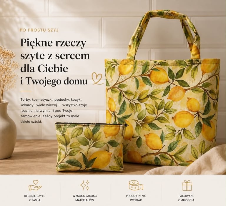 Yellow lemon-patterned tote bag and matching pouch set displayed on a neutral background with Polish text and lifestyle icons