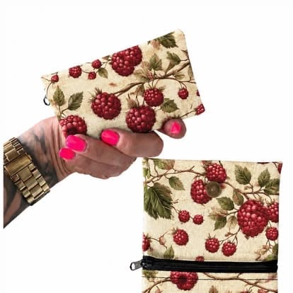 Hand holding a raspberry-patterned fabric coin purse with matching wallet displayed below