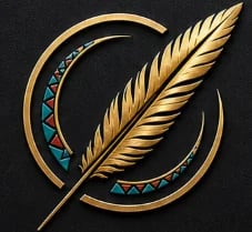 Golden feather with turquoise tribal patterns inside circular gold ring on dark background