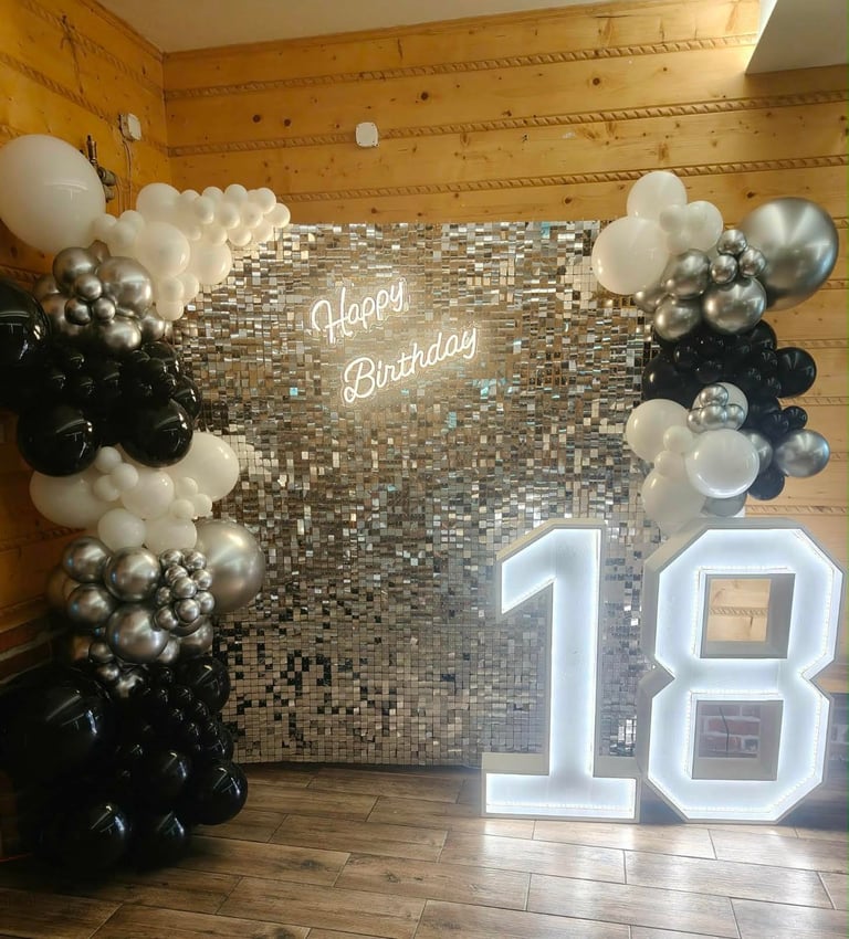 Ścianka 18-stka ze srebrną cekinową kurtyną, neonem Happy Birthday, podświetlaną białą cyfrą 18 oraz czarno-biało-srebrnym łukiem balonowym
