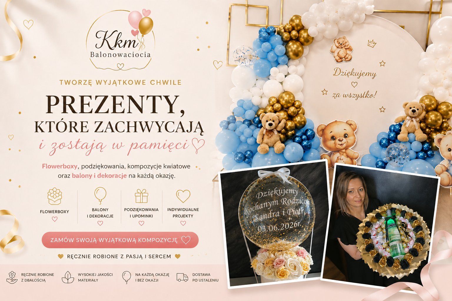 Baner promocyjny KKM Balonowaciocia z niebieskimi i złotymi balonami, podziękowaniami i kompozycjami prezentowymi