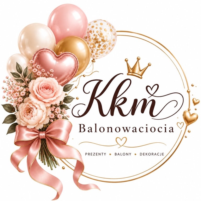 Logo KKM Balonowaciocia z różowymi różami, złotą koroną, balonami i wstążką