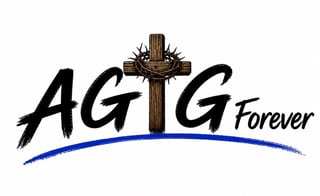 AGTGForever logo with wooden cross and blue curved line beneath stylized black text