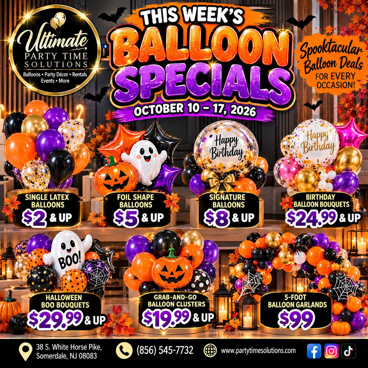 Ultimate Party Time Solutions balloon specials poster for October 10-17, 2026, featuring Halloween and birthday balloon decorations with pricing