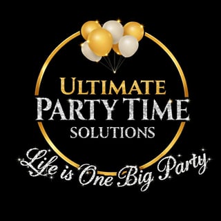 Ultimate Party Time Solutions logo — gold and white balloons inside a circular gold ring with tagline Life is One Big Party