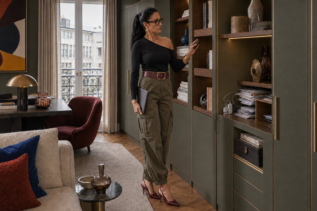 Woman in black top and olive pants standing in modern living room with built-in shelving, reaching toward decorative objects