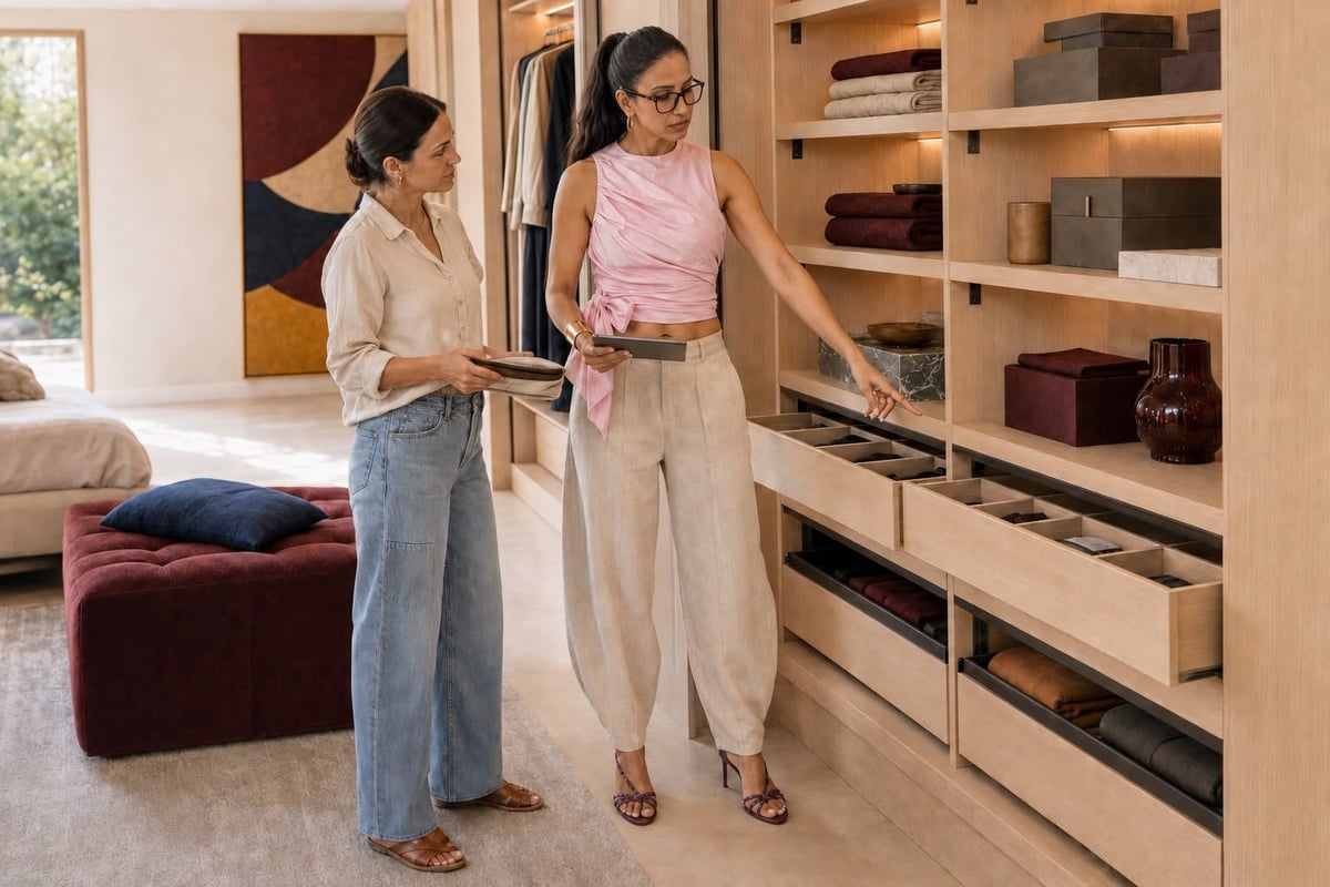 Two women organizing wooden storage shelves in a modern bedroom with beige walls and burgundy furniture