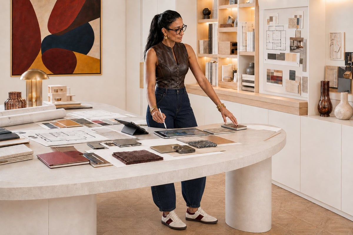 Woman in brown vest examining design samples on a curved white desk in a bright, modern office or studio space