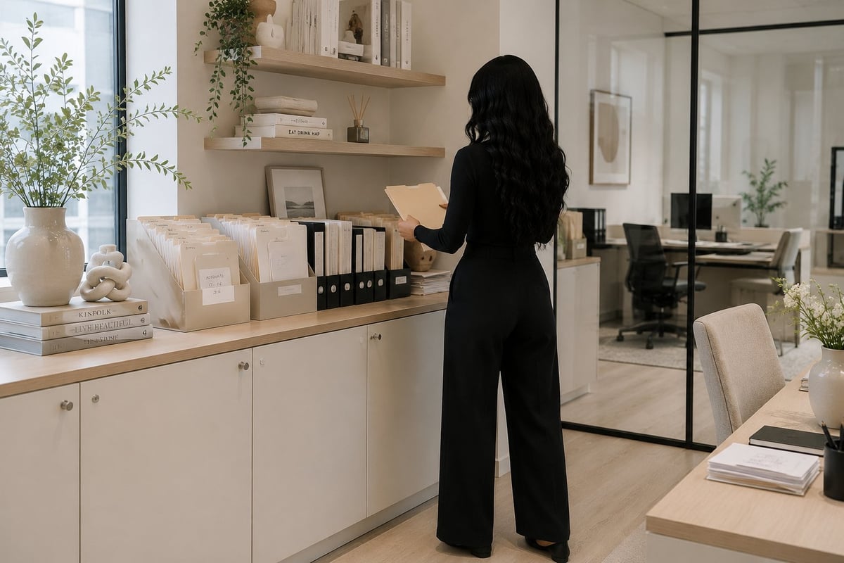 Woman in black suit standing at cosmetics counter in modern beauty salon with shelves, mirrors, and potted plants