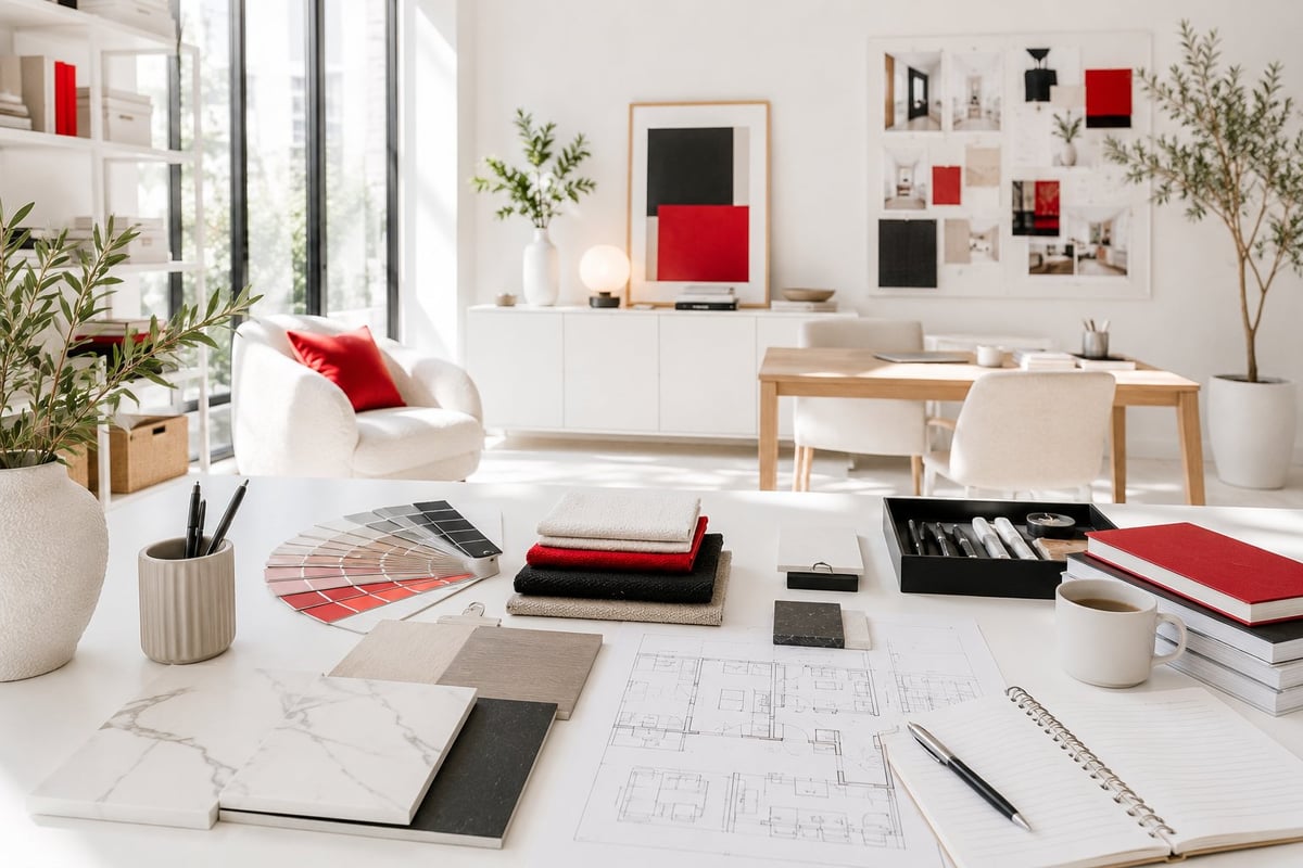 Modern minimalist workspace with white desk displaying blueprints, office supplies, and design materials in red, black, and white tones
