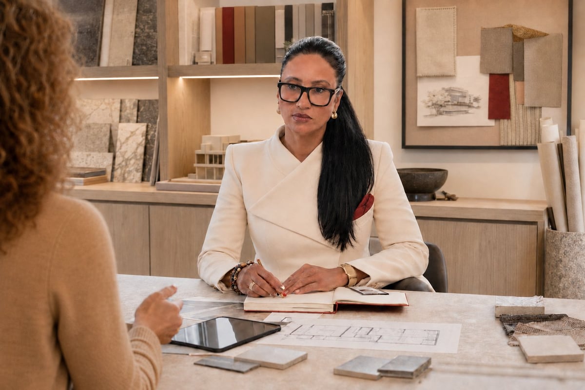 Interior designer showing color and material samples to a client at a desk in a showroom
