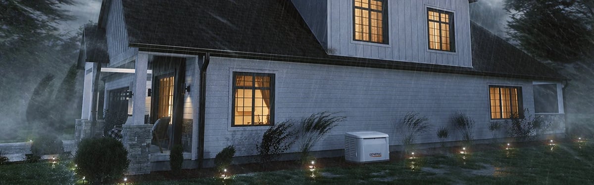 Modern farmhouse exterior at dusk with glowing windows, landscape lighting, and storm clouds above