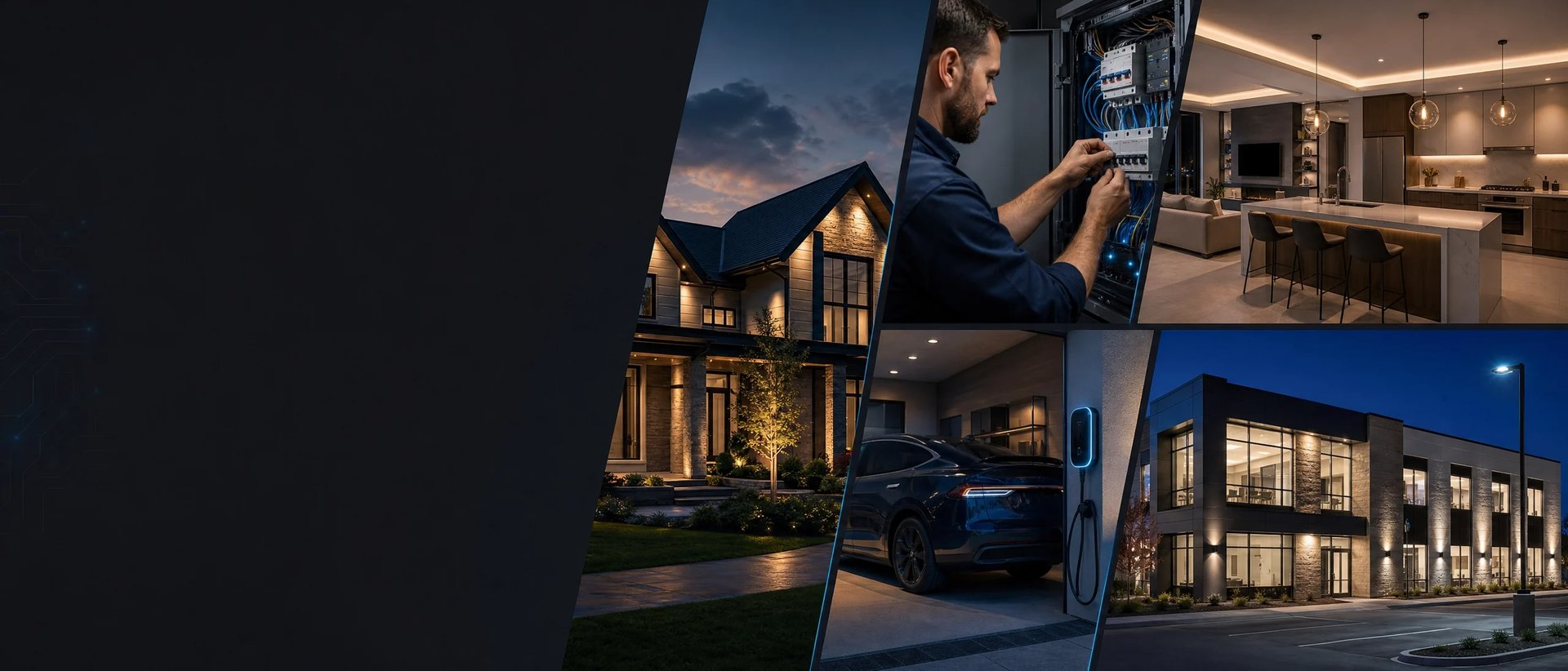 Electrician working on a smart home system with illuminated modern home exteriors and a contemporary kitchen interior