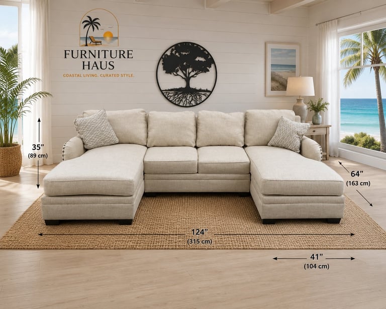 Beige U-shaped sectional sofa with dimensions displayed in a bright, coastal-themed living room with palm plants and ocean view