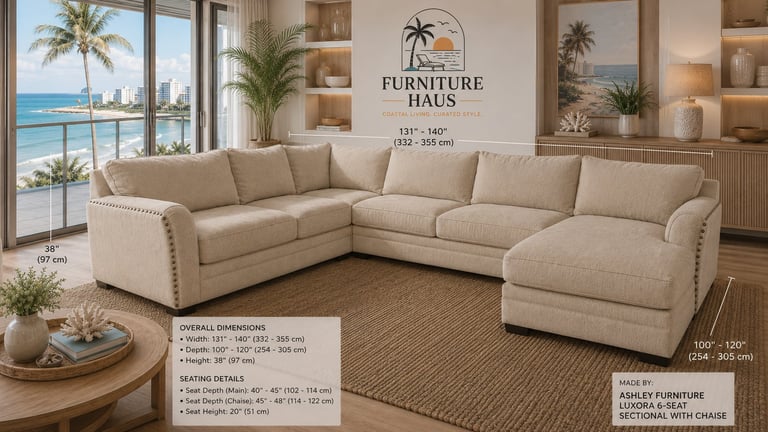 Large beige sectional sofa in coastal living room with ocean view, palm plants, and wood shelving