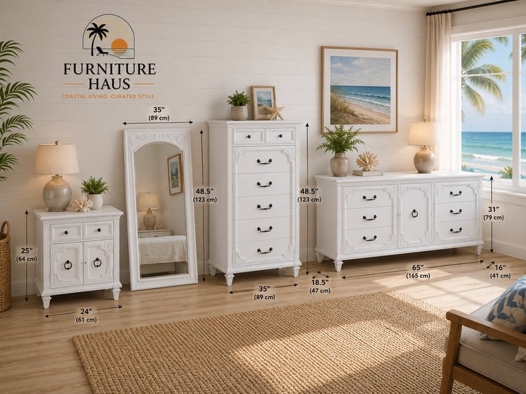 Furniture Haus bedroom set with white storage pieces, mirror, dresser, and nightstands displayed in bright coastal room with ocean view