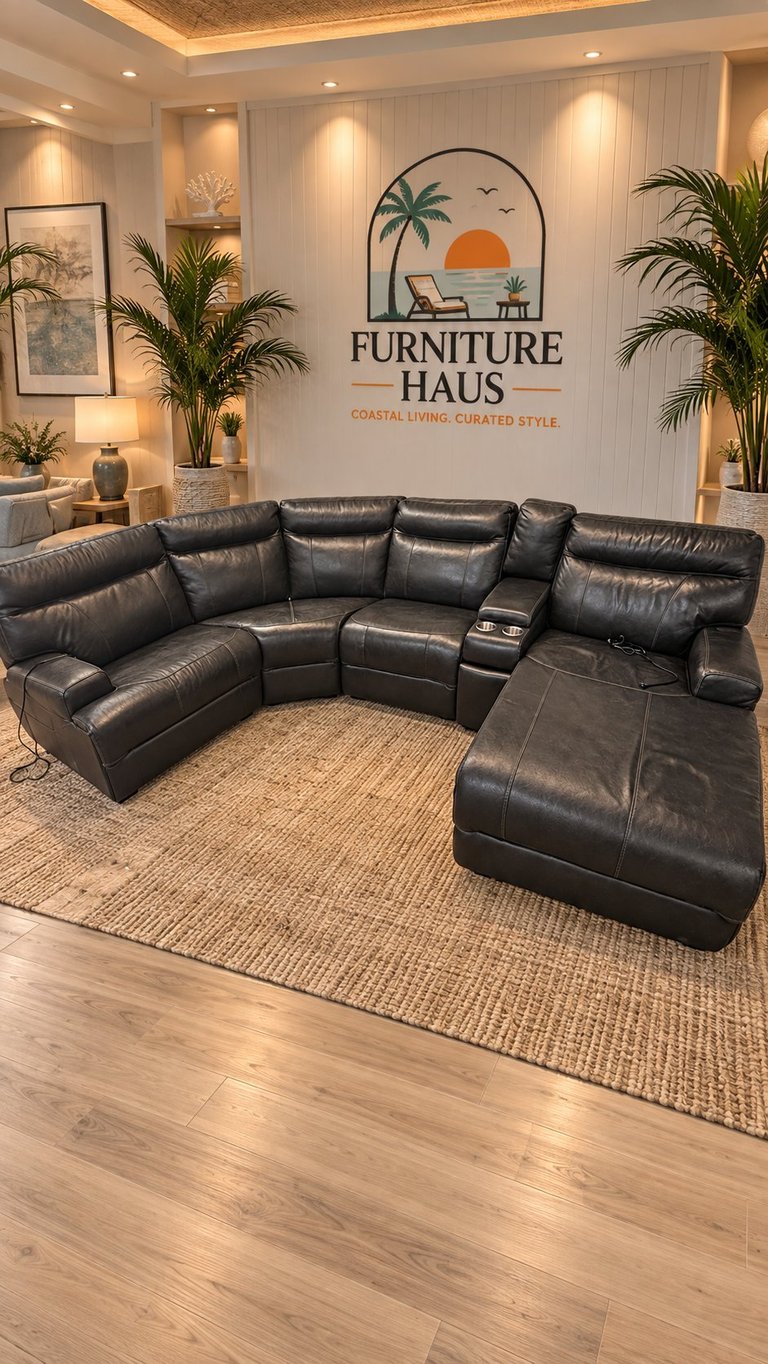 Havertys black leather sectional with chaise and cup holder console at Furniture Haus in Clearwater