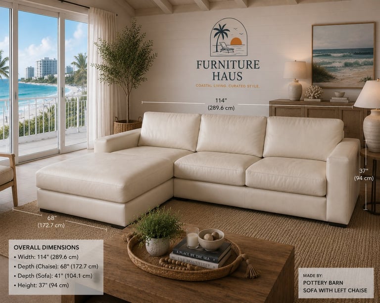 Cream sectional sofa with left chaise in modern living room with floor-to-ceiling windows and ocean view