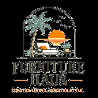 Furniture Haus logo featuring an arched sunset scene with palm tree, beach chair, and potted plant with tagline Coastal Living. Luxury. Style.