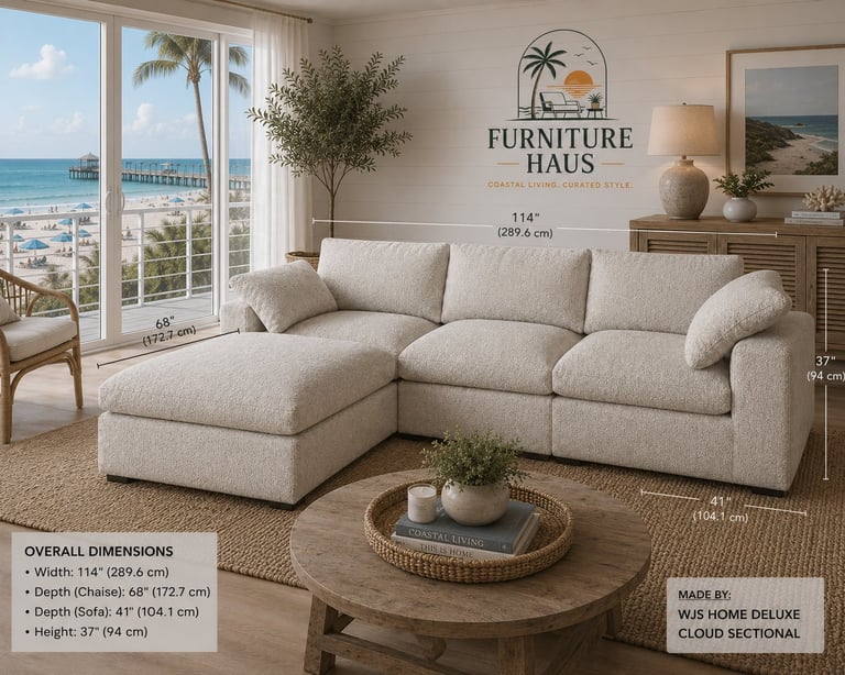Cream sectional sofa with chaise lounge in coastal living room with ocean view and wooden coffee table