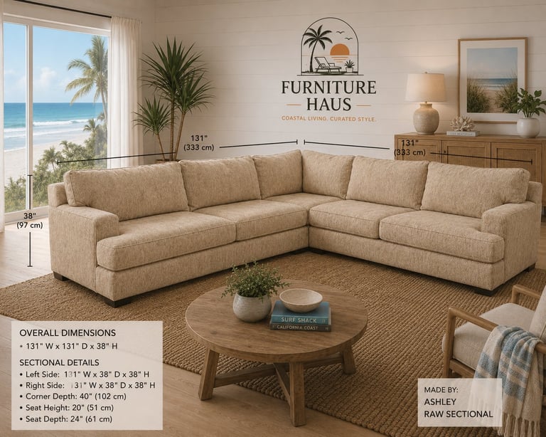 Beige L-shaped sectional sofa in coastal living room with ocean view, palm plants, and wood coffee table