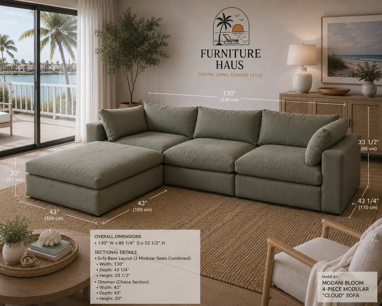 Green sectional sofa in modern living room with ocean view, palm trees, and furniture dimensions labeled