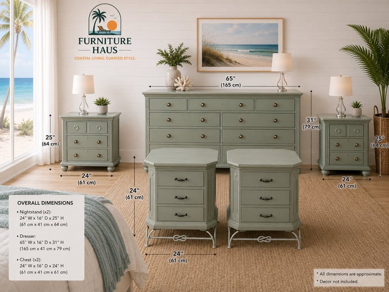 Furniture Haus bedroom set layout showing sage green dresser, nightstands, and chest pieces with dimensions and product specifications
