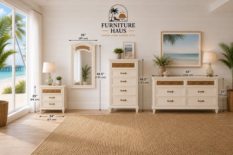 Furniture Haus bedroom collection with cream-colored dressers, mirror, chest, and nightstand with measurement dimensions in a bright room with tropical decor