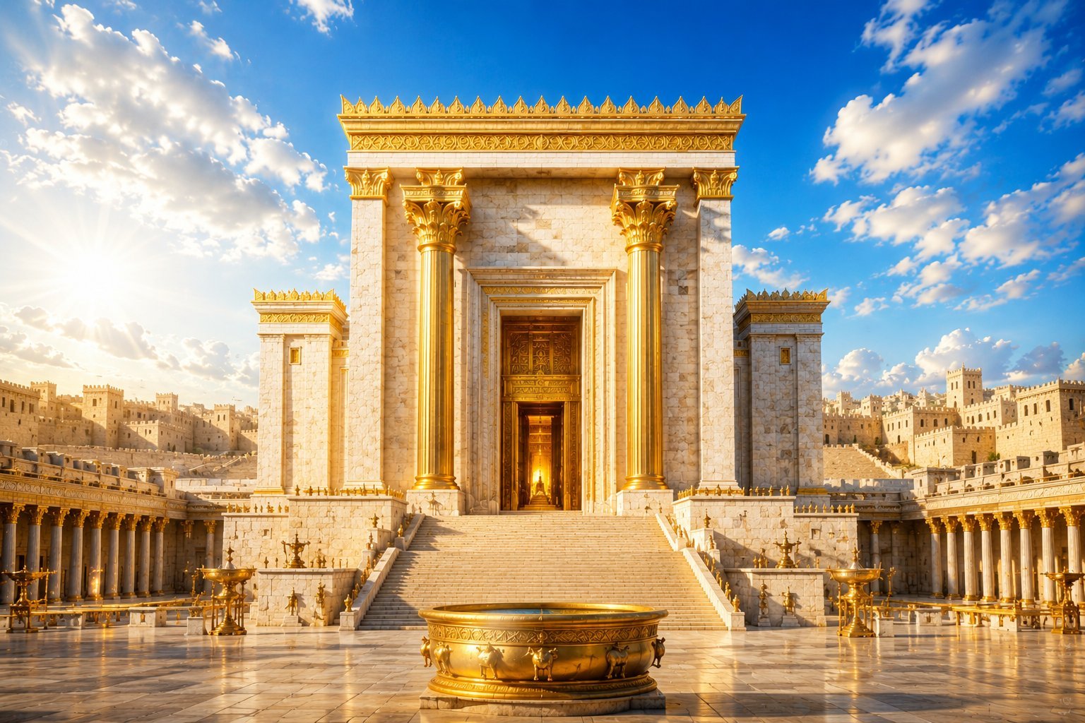Ancient golden Jewish temple with ornate columns, brass altar, and colonnaded courtyard under blue sky