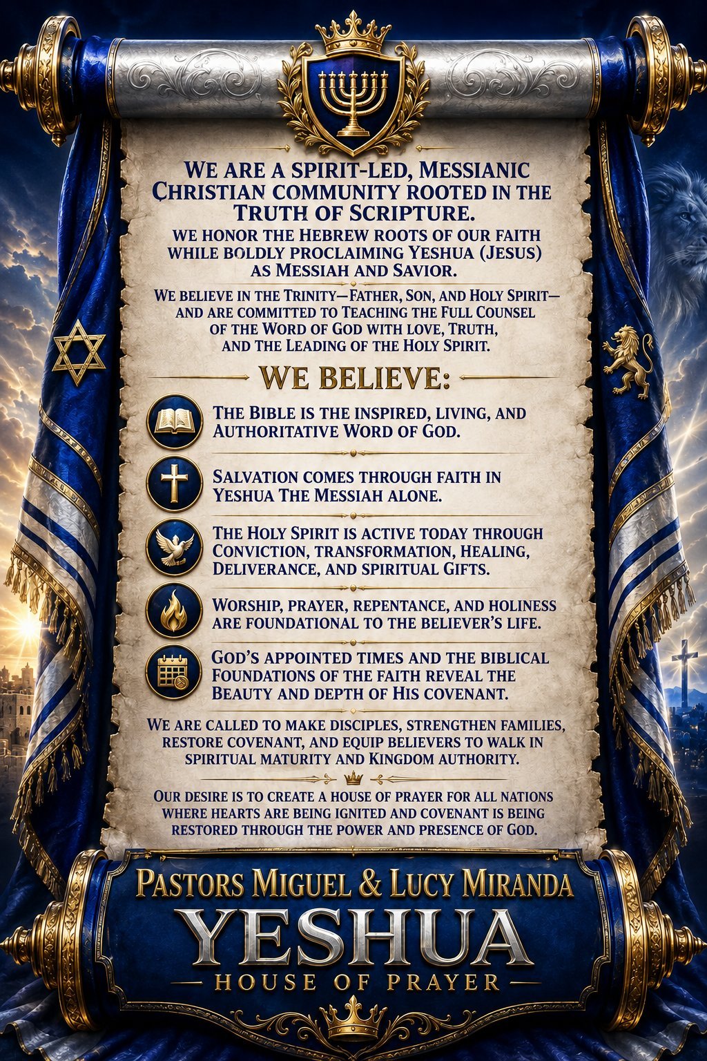 Ornate YHOP proclamation scroll with gold menorah symbol, blue accents, and the official statement of faith