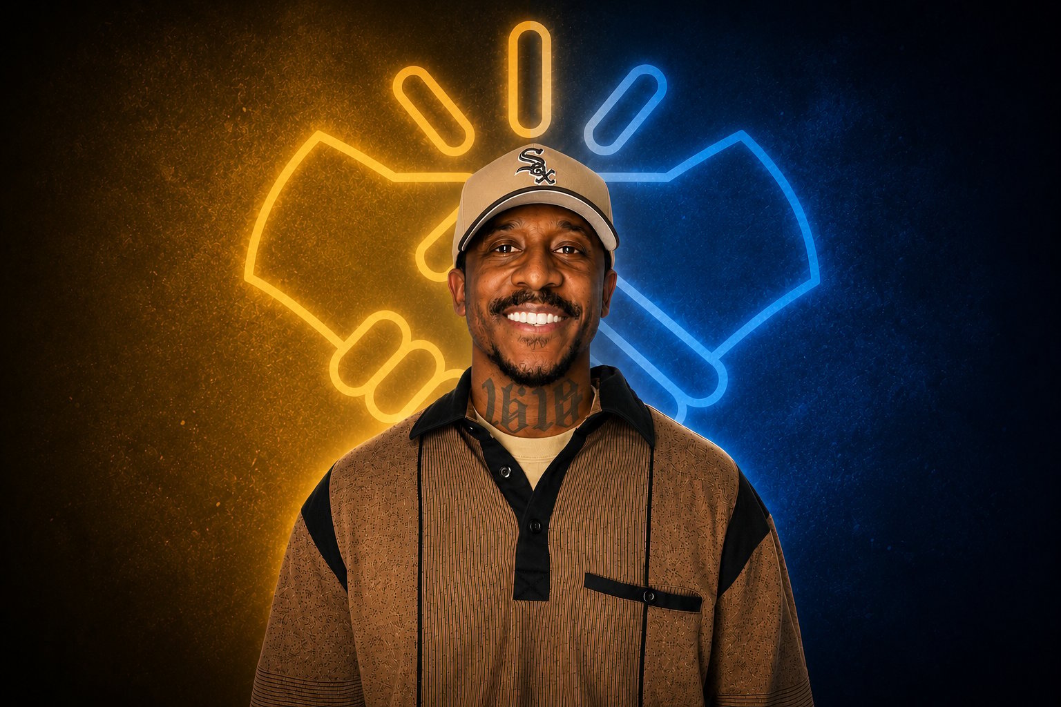 Smiling man wearing white beanie and brown jacket with neon yellow and blue light art glowing behind his head against dark background