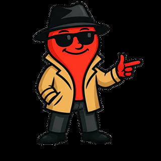 Cartoon character with red teardrop head wearing black fedora hat, dark sunglasses, tan jacket, and black pants, pointing with a friendly smile