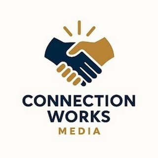 Connection Works Media logo featuring a handshake between navy and gold hands with sparkle details above